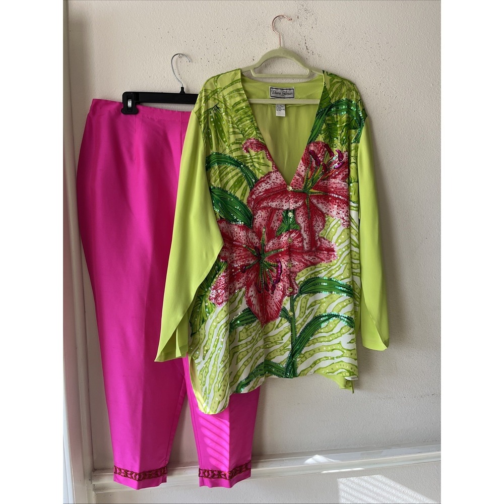 Diane Gilman Vtg 100% Silk Sequin Floral Set Blouse 2X Pant 1X  Pink New Preppy